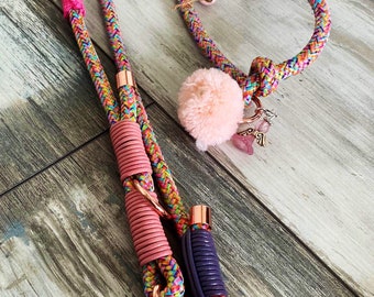 Rope leash Flower Power Bohoo Ibiza Style adjustable with rose gold fittings for large and small dogs