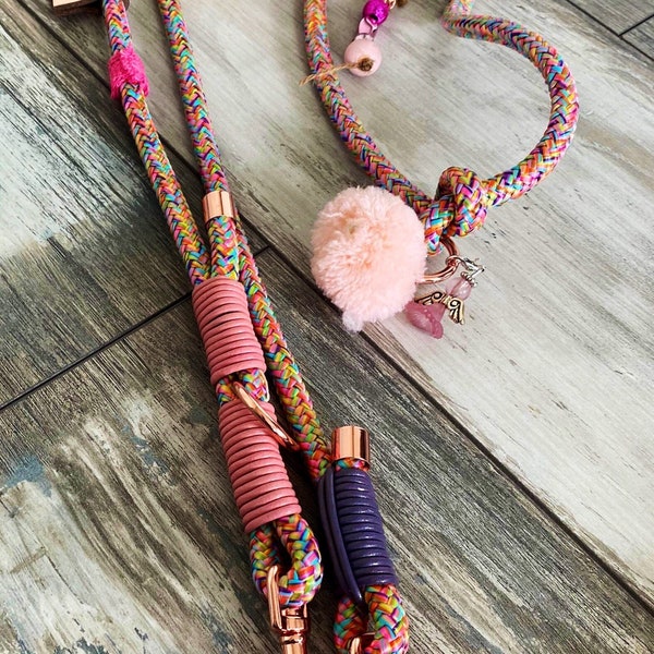 Rope leash Flower Power Bohoo Ibiza Style adjustable with rose gold fittings for large and small dogs