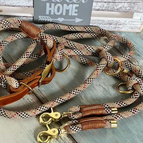 Adjustable rope and collar in tartan beige with brass fittings and leather personalized as a set or individually