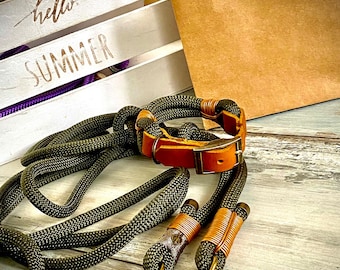 Tauleine und Halsband Set Kombi Oliv Cognac mit Antik Messing Beschlägen verstellbar