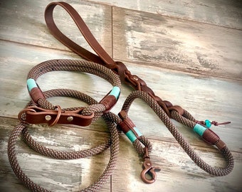 Rope leash with leather loop and pull stop collar