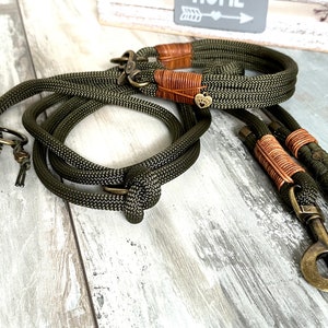 Adjustable rope and collar set Army Green with leather and antique brass fittings