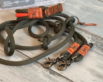 Rope collar and rope leash olive orange adjustable with antique brass fittings