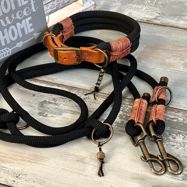 Tauleine and rope collar adjustable black / cognac with leather and greased leather antique brass personalized