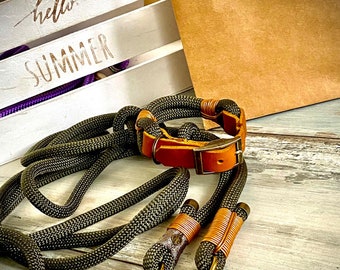 Adjustable rope leash and dog collar made of leather and rope personalized in olive