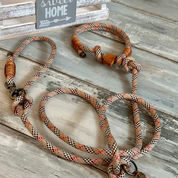 Retriever leash rope leash in tartan beige with antique brass adjustable