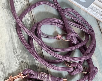 Adjustable rope leash in mauve with rose gold fittings for small dogs