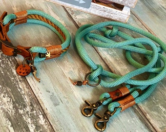 Dog leash and rope collar adjustable as a set or individually with antique brass fittings