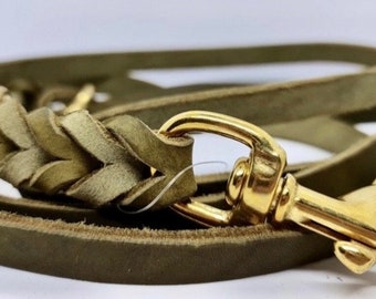 Set of greased leather leashes in grey, olive or cognac adjustable with brass with pull stop collar