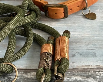 Adjustable rope and collar set olive/cognac with antique brass fittings