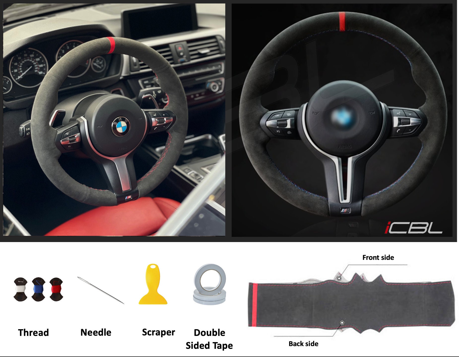 Housse de volant en fibre de carbone, bricolage pour Smart Fortwo BMW, Mini  housse de volant en cuir cousu à la main en Alcantara daim, accessoires  d'intérieur de voiture