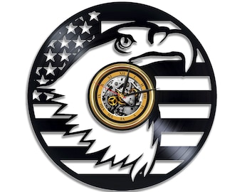 USA Eagle Vinyl Schallplatte Unikat Uhr Patriotische Wanddeko Adler Kunstwerk Flagge Amerika Ruhestand Geschenk für Kollegen