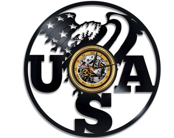 United State Flag Vinyl Record Laser Cut Clock Eagle Artwork Military Wall Decor Christmas Gift Ideas Patriotic Gifts For Him