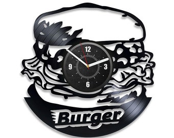 Burger Vinyl Record Laser Cut Wall Clock Burger Art Decor For Kitchen Wall Fast Food Art Restaurant Decoration Wedding Gift For Groom