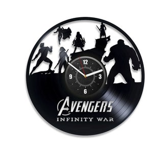 May include: Black vinyl record clock featuring the Avengers Infinity War characters in silhouette. The clock face has a black background with white numbers and hands.