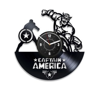 Vintage Captain America Vinyl Record Large Clock Wall Decor For Playroom Comics Books Art Marvels Superhero Christmas Gift For Boyfriend