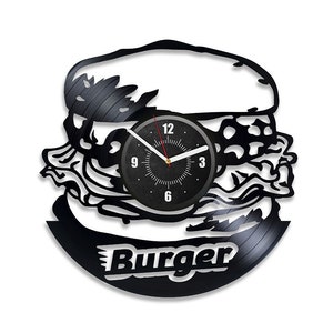 Burger Vinyl Record Laser Cut Wall Clock Burger Art Decor For Kitchen Wall Fast Food Art Restaurant Decoration Wedding Gift For Groom