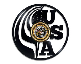 United States Flag Vinyl Record Wall Clock Modern Living Room Decor Laser Cut Art Anniversary Gift for Husband