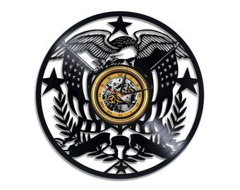 US Flag Art Large Vinyl Record Clock United States Eagle Bedroom Wall Decor for Couples Christmas Gift for Mom and Dad