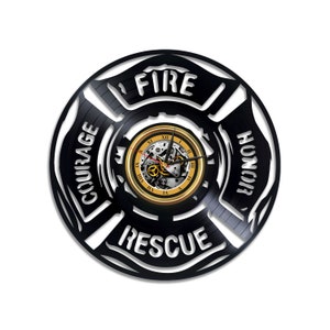 Fire Department Logo Vintage Wall Décor Unique Vinyl Record Clock Original Office Art Birthday Gift Idea for Firefighter