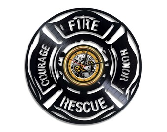Fire Department Logo Vintage Wall Décor Unique Vinyl Record Clock Original Office Art Birthday Gift Idea for Firefighter