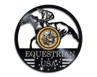 Equestrian USA Vinyl Record Unique Clock Retro Wall Decor for Living Room Sport Artwork Housewarming Gift for Dad