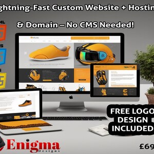 May include: A website design service advertises a lightning-fast custom website with hosting and domain name registration for £69.99. The ad features a desktop computer, a laptop, and a smartphone displaying a website mockup. The ad also includes a free logo design.