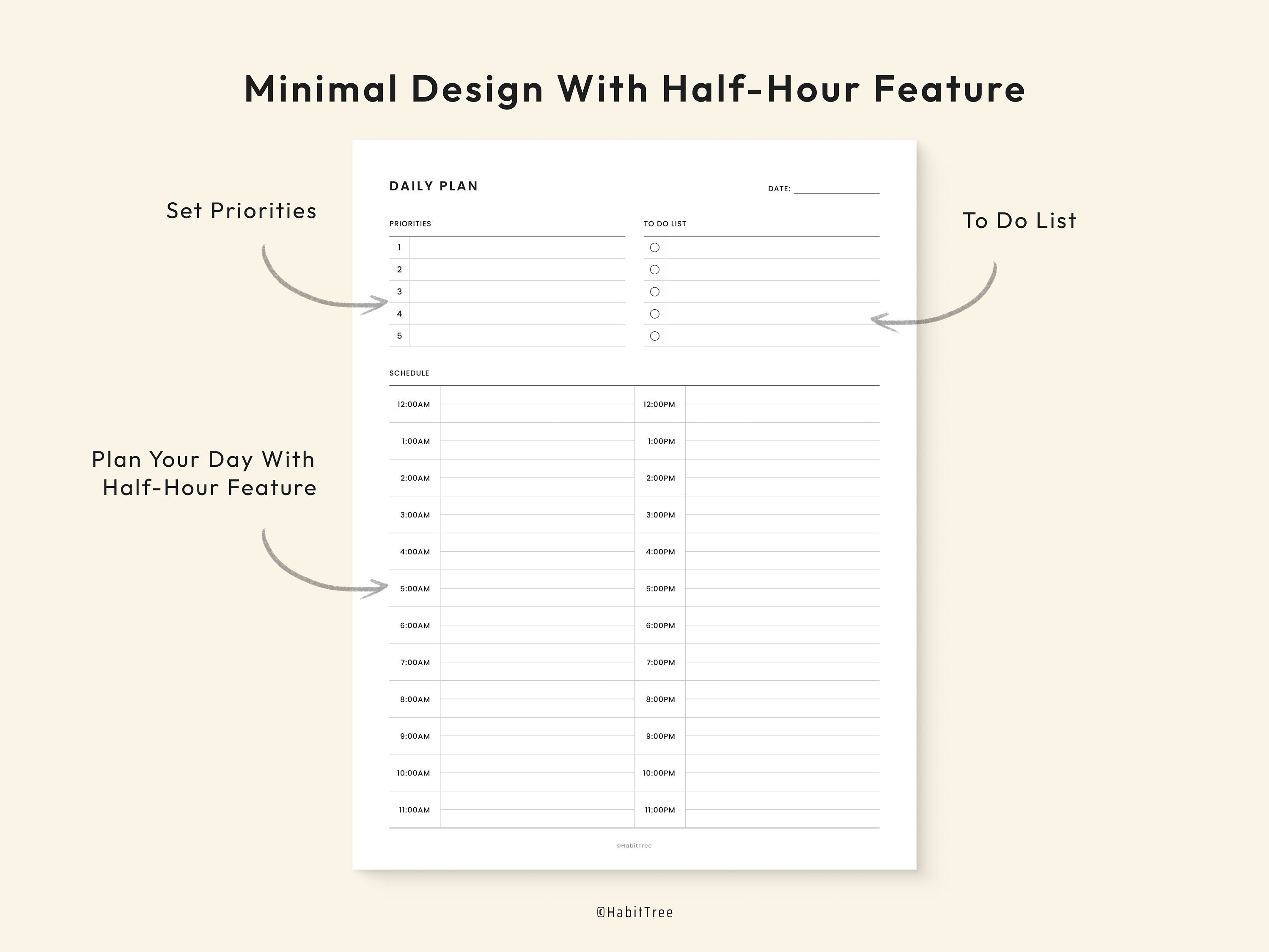 24 Hour Daily Planner Printable Letter & A4 Planner Inserts Digital ...
