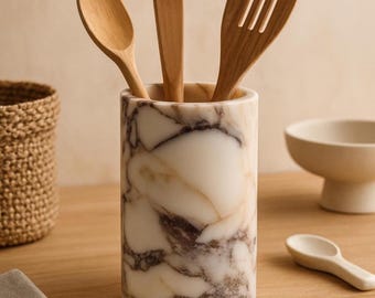 Handgemachter türkischer Marmor Utensilientopf: Rustikaler Küchenorganizer (14 cm x 16 cm)