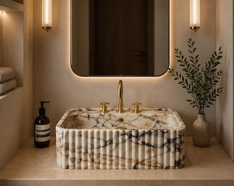 Calacatta Viola Marble Vessel Sink Fluted Scalloped Luxury Countertop Bathroom Vanity Basin