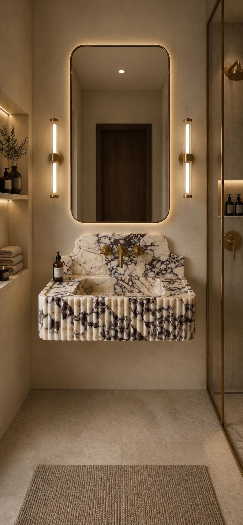 May include: A wall-mounted bathroom sink crafted from white and purple veined marble featuring a fluted front design. The sink includes a brass faucet and handles, positioned beneath a rectangular mirror with rounded corners and integrated lighting.