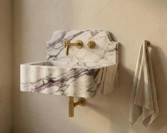 Lavabo de mármol hecho a mano con protector contra salpicaduras - Lavabo de pared personalizado / Petra Vera