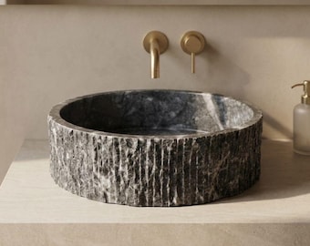 Dark Grey Marble Round Vessel Sink – Handcrafted Fluted Edge Basin | Custom Sizes