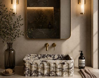 Calacatta Viola Marble Vessel Sink Arched Scalloped Luxury Countertop Bathroom Vanity Basin