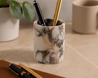 Handcrafted Turkish Marble Pen Holder: 4" Desk Organizer