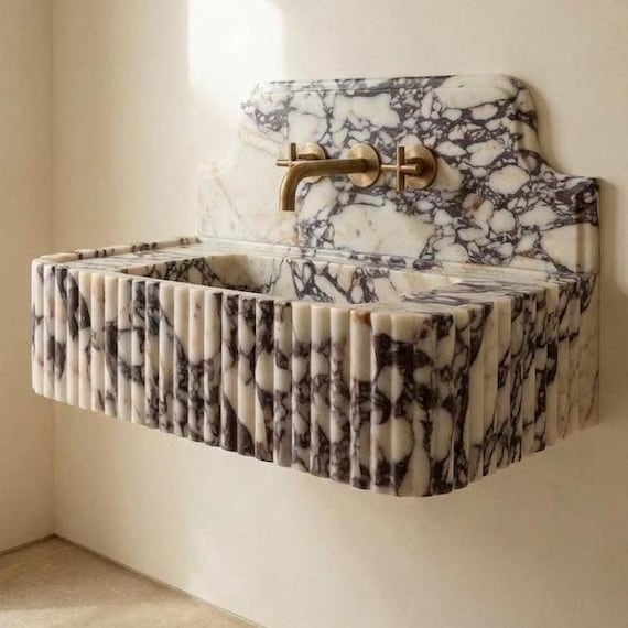 Hand-Carved Fluted Marble Sink, Architectural Statement Bathroom Vanity