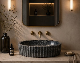 Hand-Carved Marble Vessel Sink – Luxury Oval Bathroom Basin with Fluted Edge