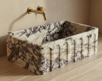 Hand Carved Calacatta Viola Marble Sink – Rectangular Luxury Stone Bathroom Basin