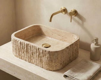Lavabo-vasque en travertin beige - Lavabo de salle de bain cannelé sculpté à la main