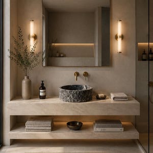 May include: A bathroom vanity featuring a stone countertop with a cylindrical dark gray textured stone vessel sink, wall-mounted gold faucets, a square mirror, two vertical wall sconces, a beige vase with greenery, and a lower storage shelf.