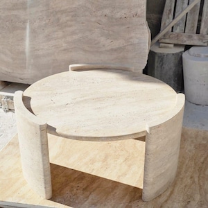 Handcrafted Travertine Round Coffee Table: Minimalist Design