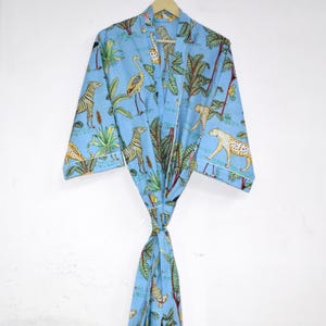 Cotton Kimono Robe: Bohemian Block Print Lightweight Dressing Gown