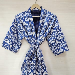 Ikat Print Cotton Kantha Kimono: Reversible Floral Patchwork Robe