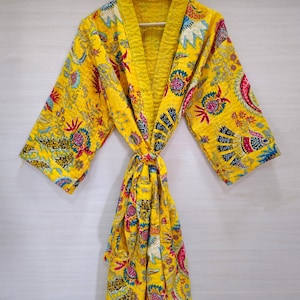 Indian Handmade Kantha Quilted Cotton Kimono, Mukut Printed Kantha Kimono, Night Wear Dress Kimono, Winter Wear Boho Hippie Bathrobes