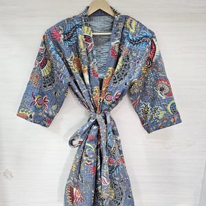 Indian Handmade Kantha Quilted Kimono Jacket, Cotton Kantha Long Mukut Print Beach Cover-up, Reversible Vintage Boho Bathrobe, Night wear
