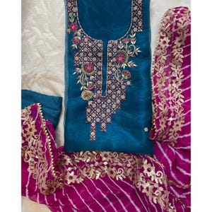 Handmade Zardozi Embroidered Salwar Kameez: 3-Piece Organza Punjabi Suit