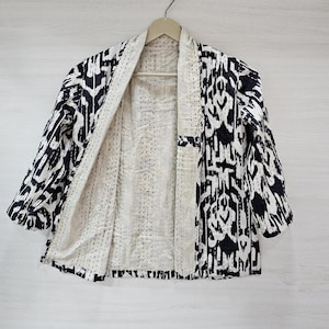 Handmade Kantha Quilted Kimono Jacket: Bohemian Ikat Print Cotton Coat