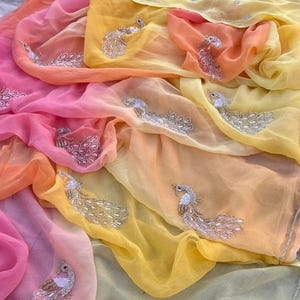 Handmade Chiffon Saree: Indian Wedding Partywear with Sitara
