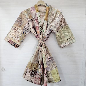 Indian Handmade Silk Patola Kantha Quilted Kimono Jacket, Silk Kantha Long Beach Cover-up, Reversible Vintage Boho Bathrobe, Night wear