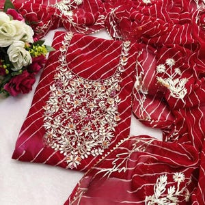 Georgette Leheriya Salwar Kameez: Zardozi Embroidery, Gotta Patti Work
